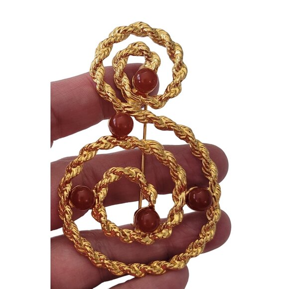 Avon Musical Treble Clef S-Shape Faux Carnelian Stone Brooch, Signed E684 - Picture 3 of 11